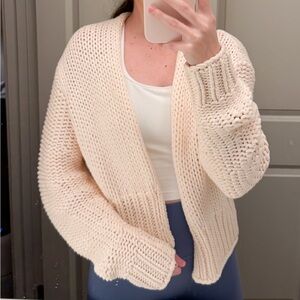 Free People Glow For It Chunky Knit Open Front Ribbed Hem Cardigan in Ivory
